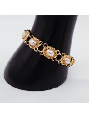 Gold Tone Bracelet Faux Oval Pearl Cabochon Links Fold Over Clasp 7" VTG